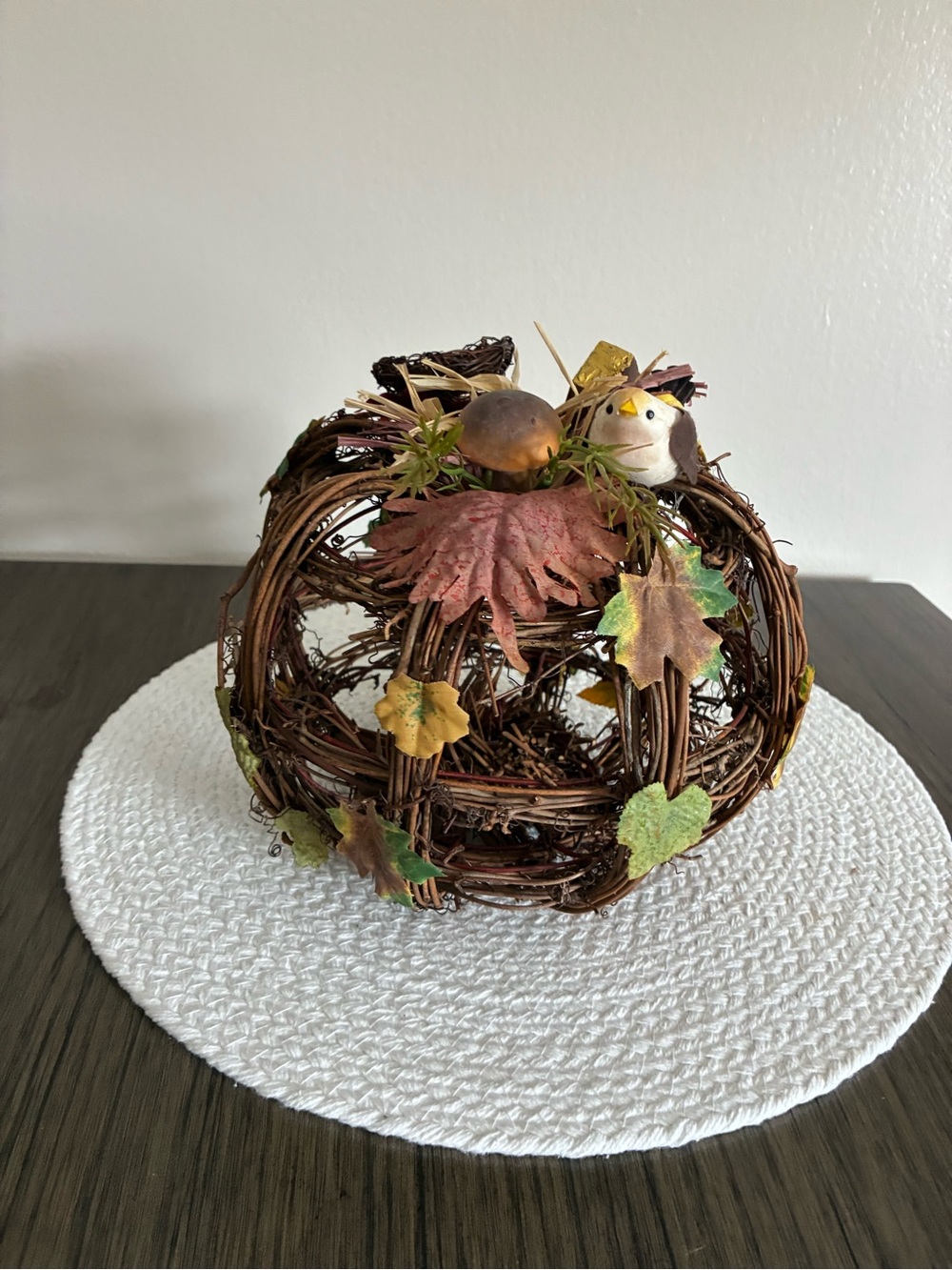 Rustic Autumn Grapevine Pumpkin Decor with Bird